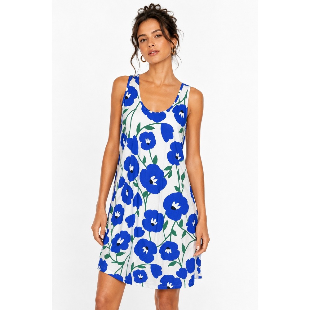 Gingy Women Floral Sleeveless Scoop Neck Shift Dress Blue White Size M